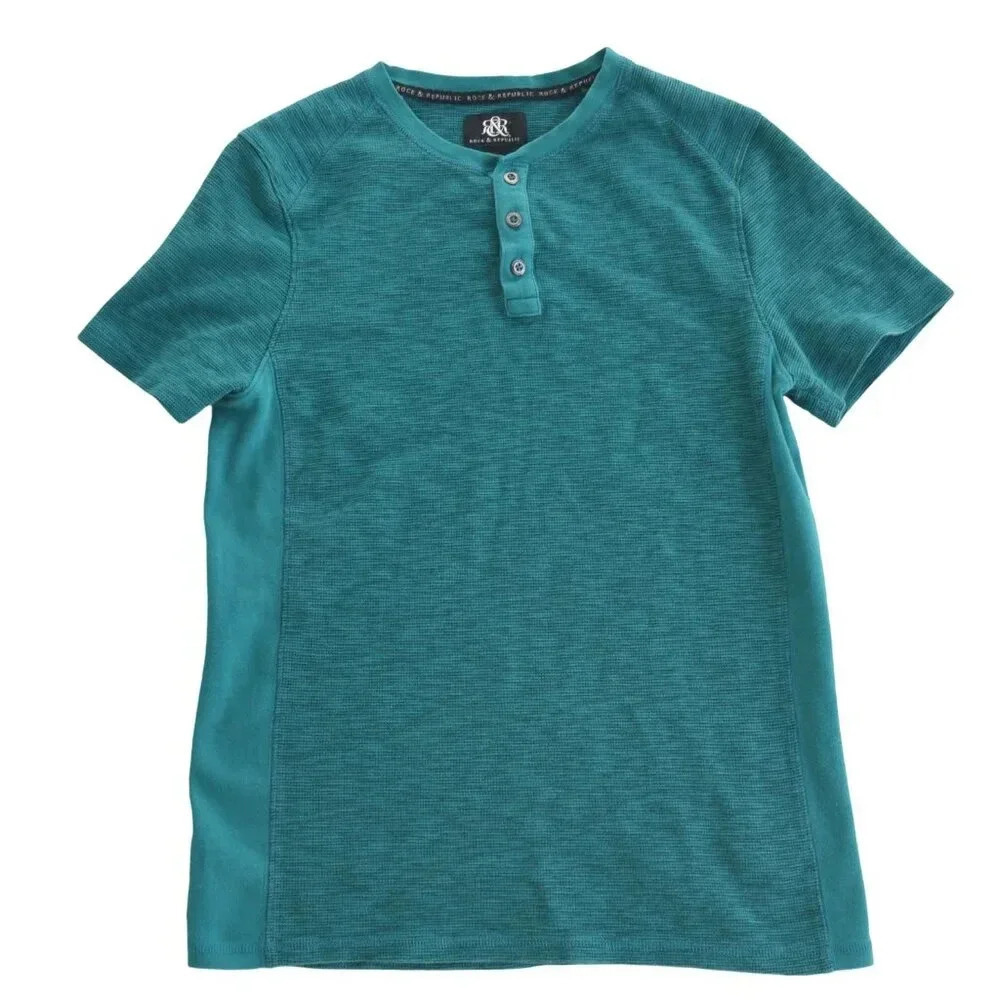 Rock & Republic || Teal Blue Short Sleeve Waffle Knit Henley Top Mens Medium